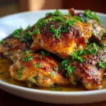 Crock Pot Chicken Thighs (The Easiest, Juiciest Recipe!) A close-up of juicy, tender slow cooker chicken thighs in a honey garlic sauce, ready to be served.