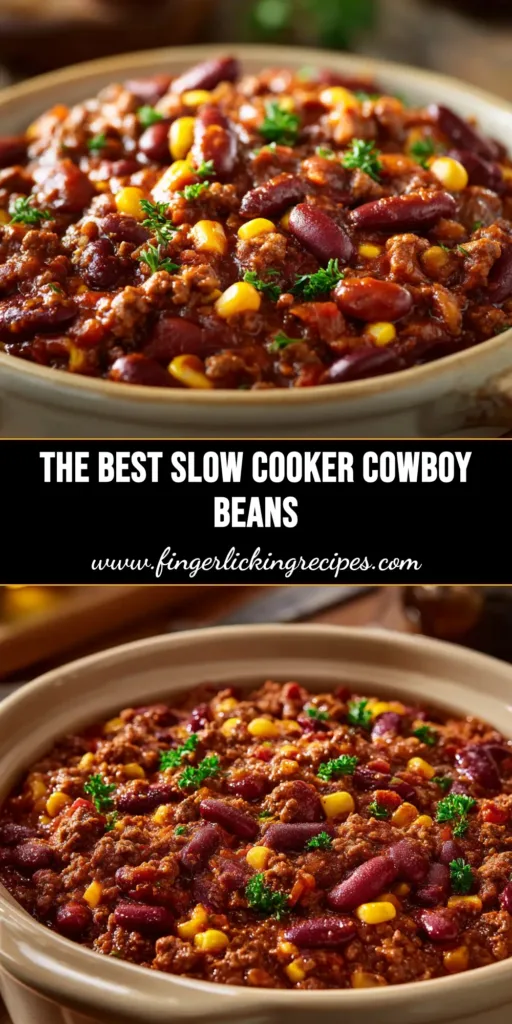 A large white bowl filled with delicious Slow Cooker Cowboy Beans, showcasing ground beef, bacon, and mixed beans in a rich BBQ sauce, ready to be pinned.