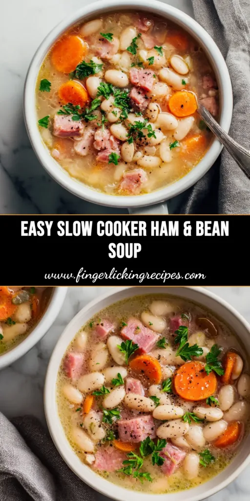 A large white bowl filled with delicious slow cooker ham and bean soup, garnished with fresh parsley. A spoon rests in the bowl, ready to eat.