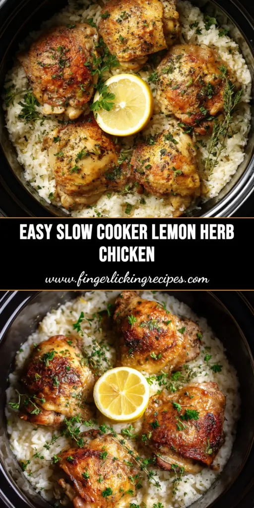 A close-up overhead shot of a perfectly cooked Slow Cooker Lemon Herb Chicken in a white serving dish, garnished with fresh herbs and lemon slices.