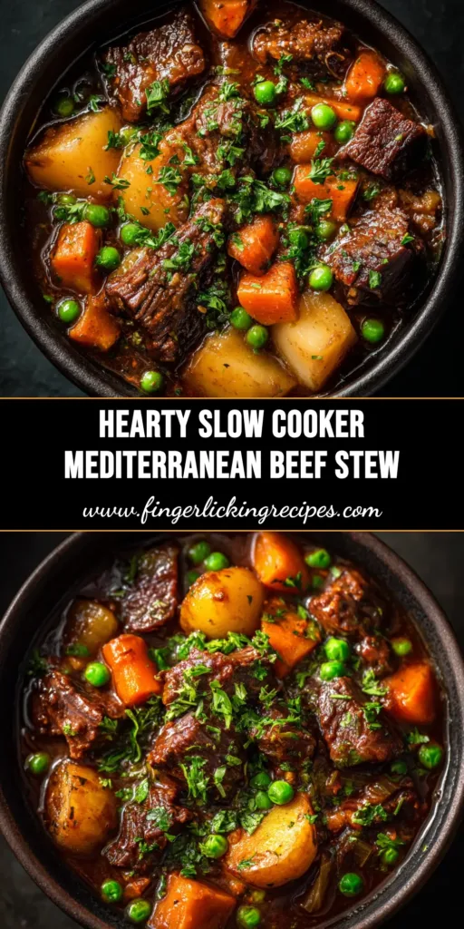 A vibrant pin image of Slow Cooker Mediterranean Beef Stew in a white bowl, topped with feta and parsley. The text overlay reads 'Slow Cooker Mediterranean Beef Stew - Easy & Delicious'.