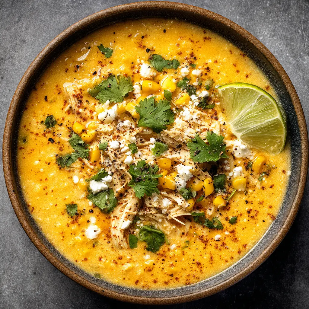 A bowl of finished slow cooker corn soup garnished with fresh cilantro, cotija cheese, and a lime wedge on the side.