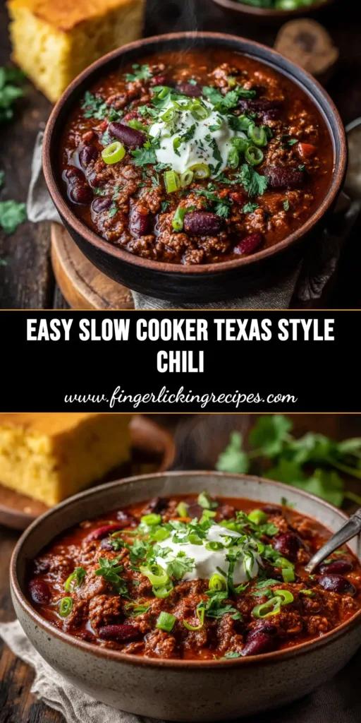 Slow Cooker Texas Chili (The Real Bowl o' Red) 4 A rich and meaty bowl of Slow Cooker Texas Chili, garnished with fresh cilantro and cheese, ready to be served.