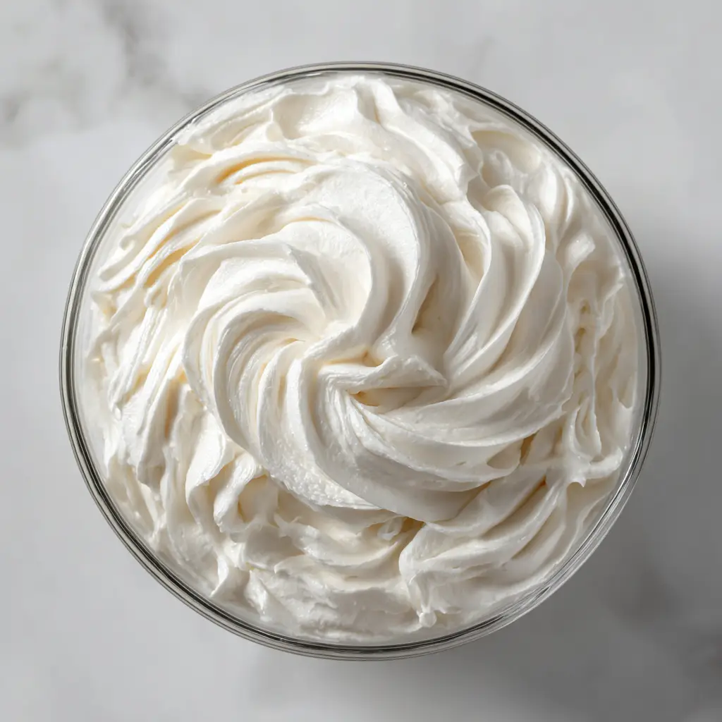 A top-down view of the finished Swiss Meringue Buttercream in a glass bowl, with a spatula lifting some to show its creamy, pipeable consistency.