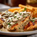 An extreme close-up shot of grilled chicken breast smothered in melted Monterey Jack cheese and sautéed mushrooms.