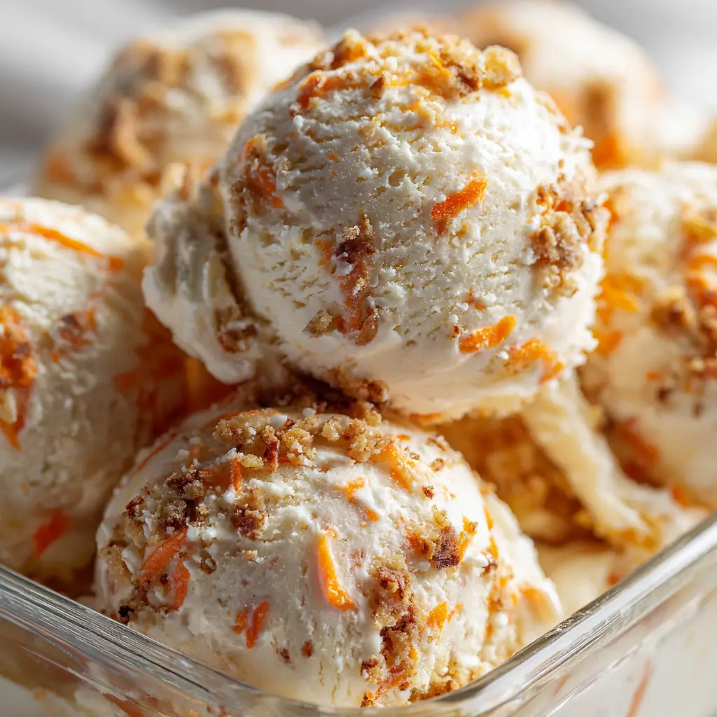 A spoonful of carrot cake ice cream being lifted from a bowl, showing the spiced ice cream base and a piece of toasted pecan.