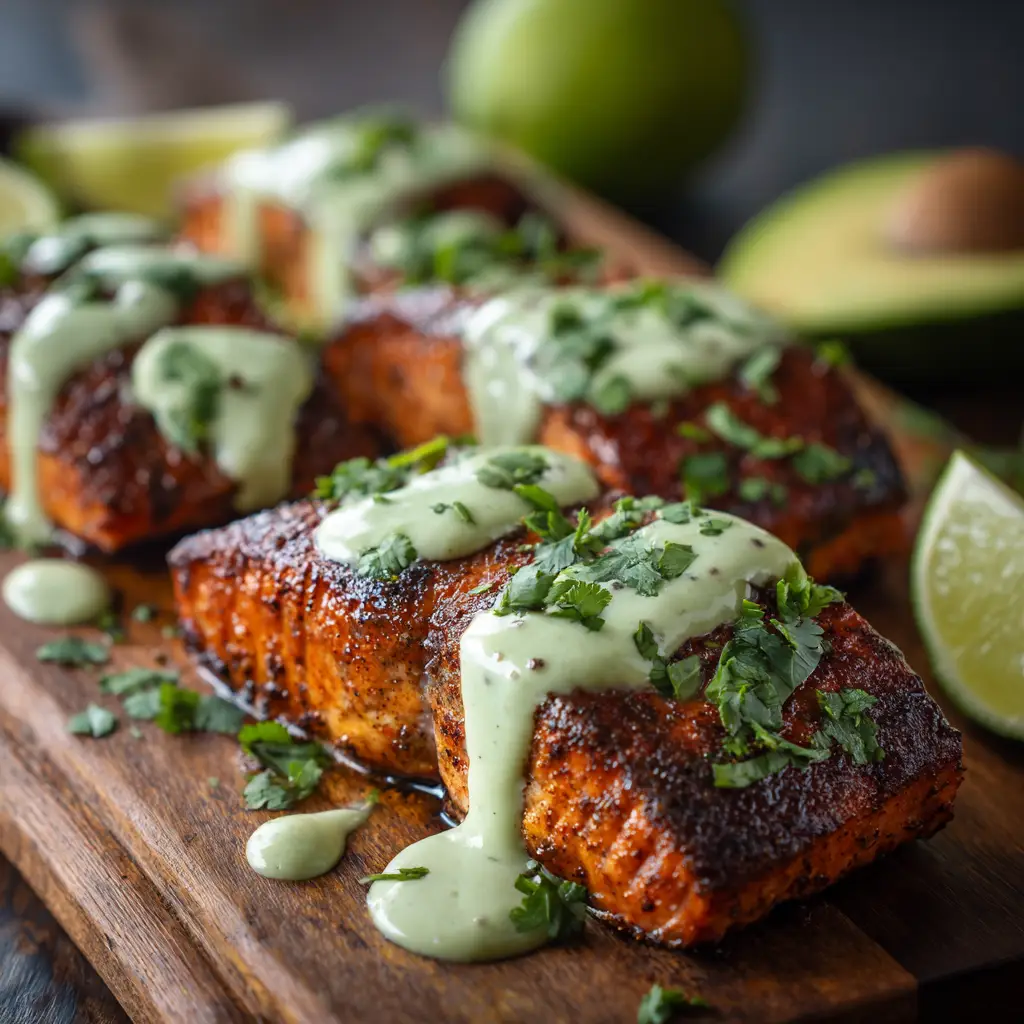 A finished plate of spicy baked salmon served with a side of roasted asparagus and a lemon wedge, showcasing a complete and healthy meal.