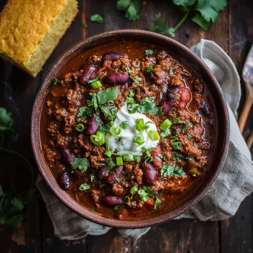 Slow Cooker Texas Chili (The Real Bowl o' Red) 2 A bowl of spicy beef chili without beans, garnished with sour cream and jalapeños, ready to eat.