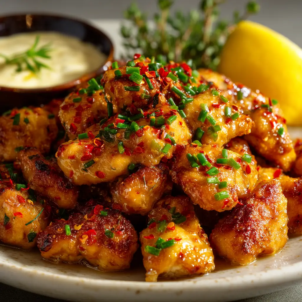 A fork lifting a piece of Cowboy Butter Chicken, dripping with the zesty and spicy Diablo-style sauce.