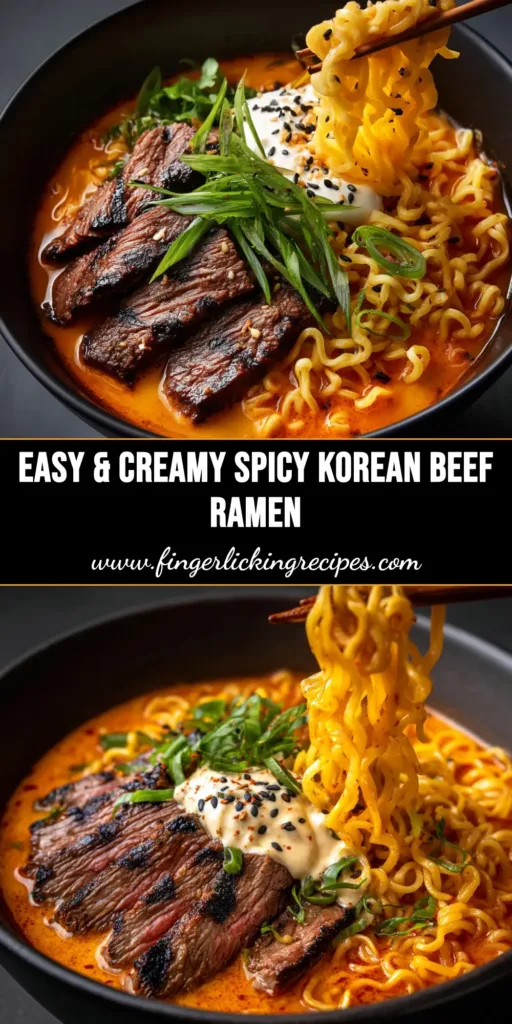 A vibrant bowl of Spicy Korean Ramen with a rich red broth, a perfect soft-boiled egg, and fresh green onions, ready to be shared on Pinterest.