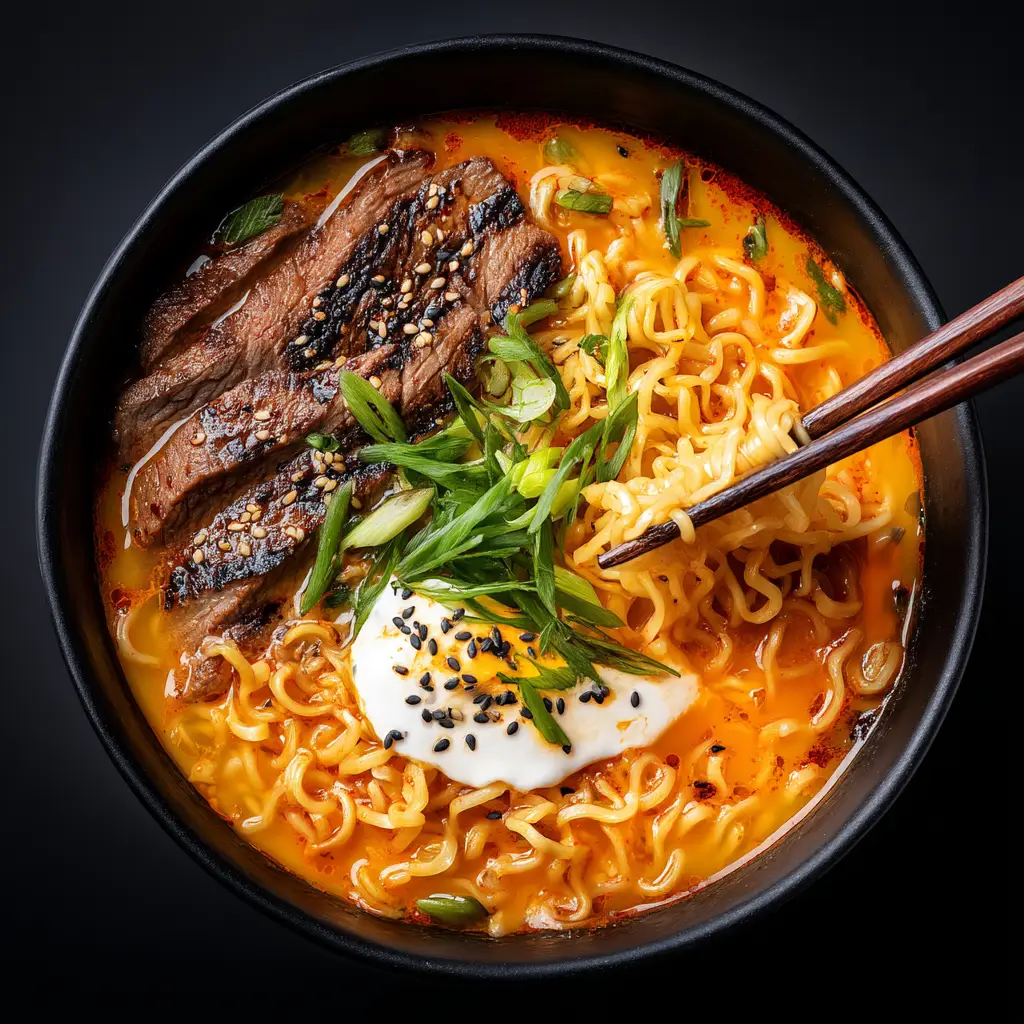 A beautiful bowl of homemade Spicy Korean Ramen garnished with a jammy soft-boiled egg, sesame seeds, and sliced green onions.