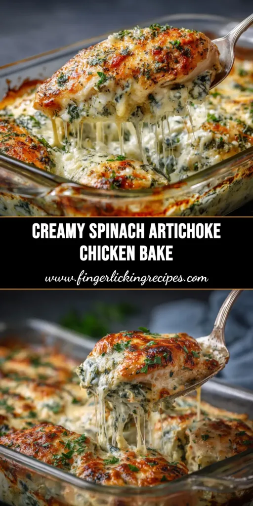 A delicious and cheesy Spinach Artichoke Chicken Bake in a white baking dish, ready to be served. The perfect easy weeknight dinner idea.