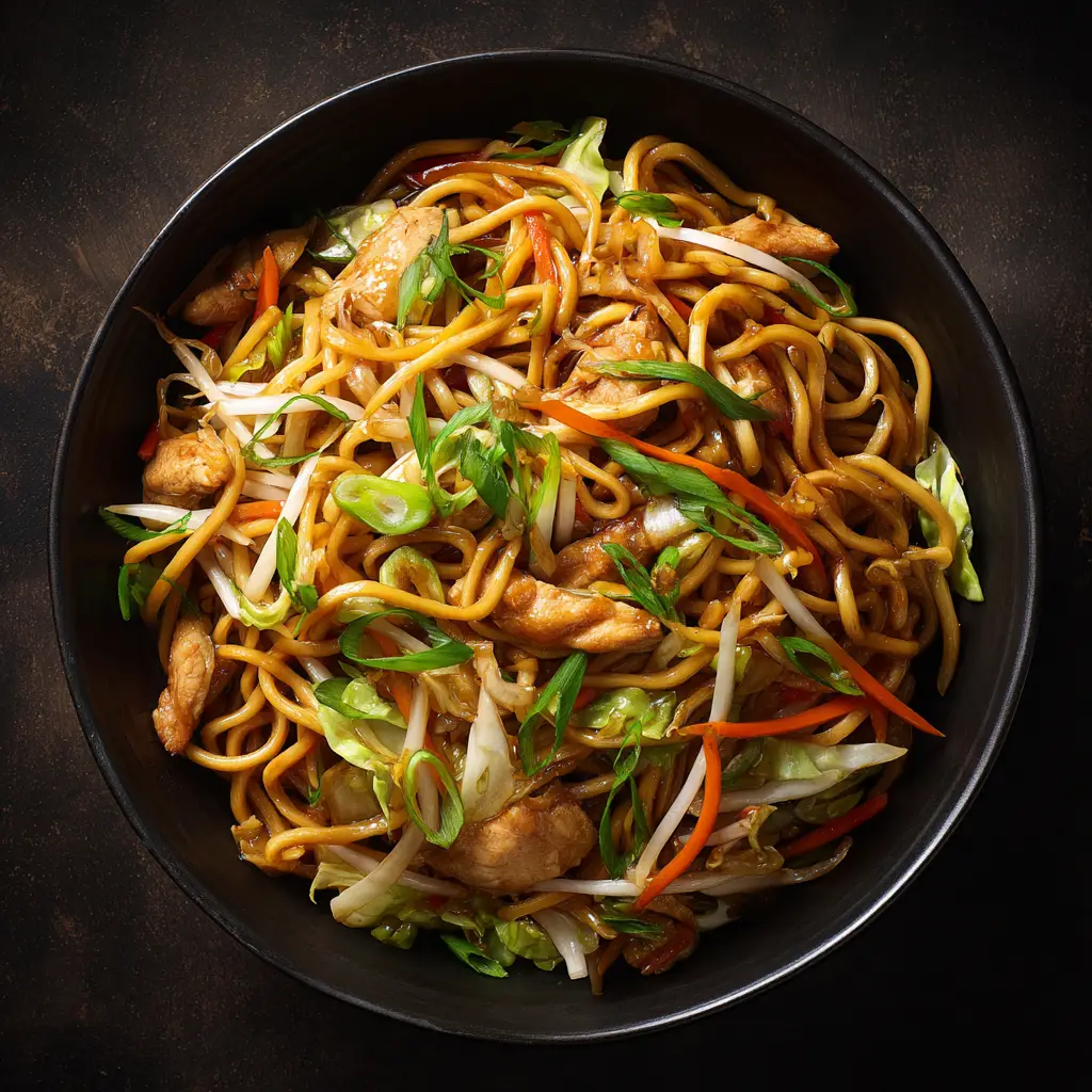 A close-up action shot of chow mein being stir-fried in a hot wok, with steam rising from the noodles and vegetables.