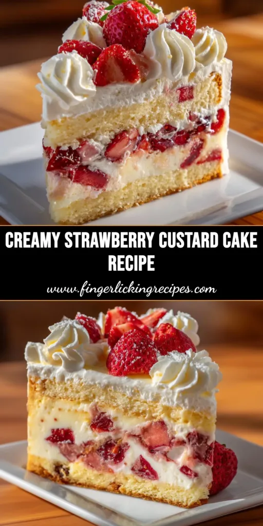 A beautiful strawberry custard cake recipe on a cake stand, with a slice cut out to show the creamy custard filling and fluffy cake layers, topped with fresh strawberries.