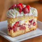 A close-up shot of a perfect slice of strawberry custard cake on a white plate, highlighting the smooth texture of the vanilla custard filling.