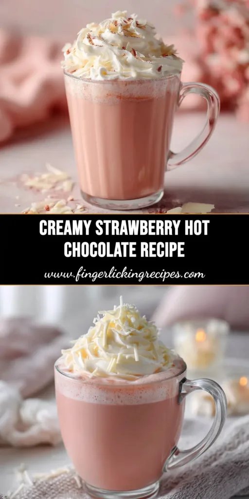 Strawberry Hot Chocolate: The Ultimate Creamy & Pink Drink 5 A cozy mug of creamy pink strawberry hot chocolate, topped with whipped cream and fresh strawberry slices. The ultimate homemade treat.