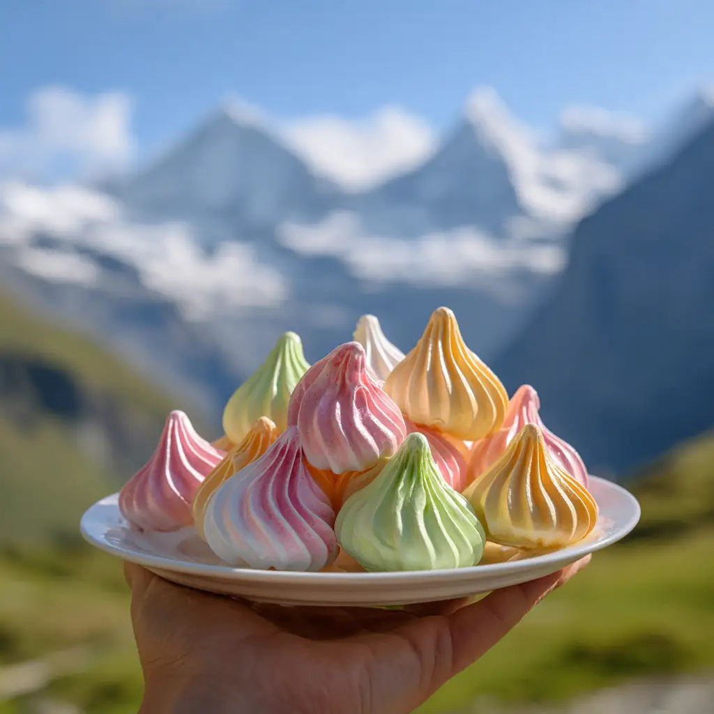 A hand holding a bright red strawberry Jello Meringue Cookie, showing the vibrant color achieved from the jello powder.