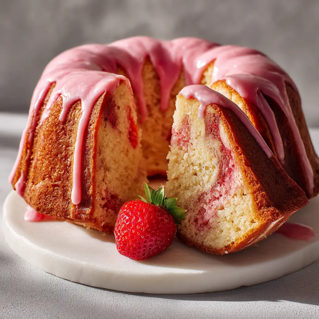 A close-up overhead shot of the strawberry pound cake batter in a bundt pan before baking. The thick, creamy batter is dotted with bright red pieces of fresh diced strawberries.