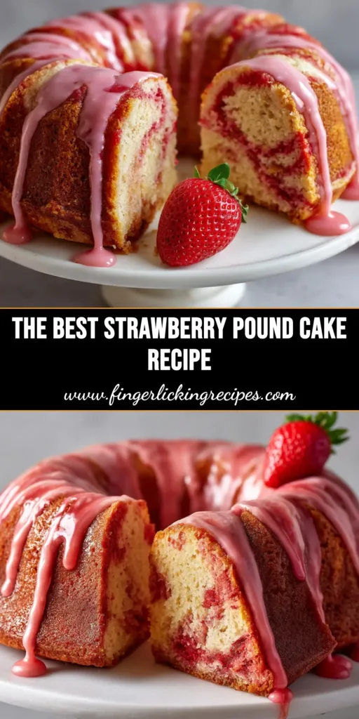 A beautiful slice of moist Strawberry Pound Cake on a white plate. The cake has a perfect golden-brown crust, a tender crumb studded with red strawberries, and a luscious pink strawberry glaze dripping down the side.