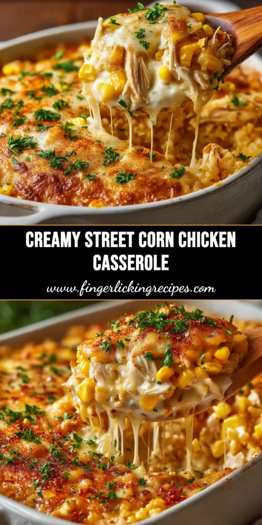 A serving of creamy Street Corn Chicken Casserole in a white bowl, topped with fresh cilantro and a lime wedge, showcasing the cheesy, golden-brown crust.