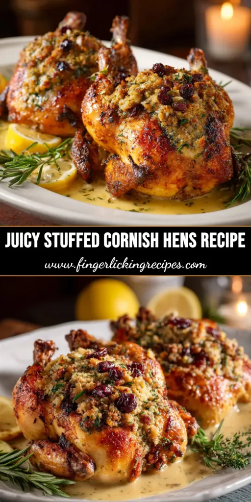 Stuffed Cornish Game Hens: The Ultimate Recipe 4 A perfectly roasted Stuffed Cornish Game Hen on a platter, showcasing its golden-brown, crispy skin and a savory herb stuffing. An elegant and delicious dinner idea.