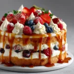 A close-up shot of the layered dessert, showing the distinct layers of cake, cream, and summer berry trifle.