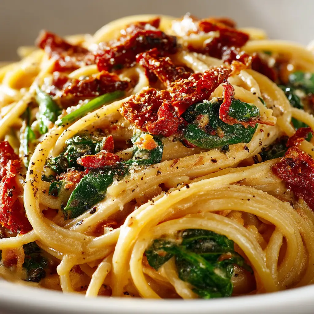 An extreme close-up shot of spaghetti coated in a vibrant sun-dried tomato sauce, highlighting the creamy texture and pieces of tomato.