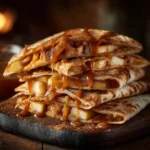 Apple Cinnamon Breakfast Quesadillas: A Quick & Cozy Morning Treat A close-up shot of a stack of golden-fried sweet breakfast quesadillas, garnished with a sprinkle of powdered sugar.
