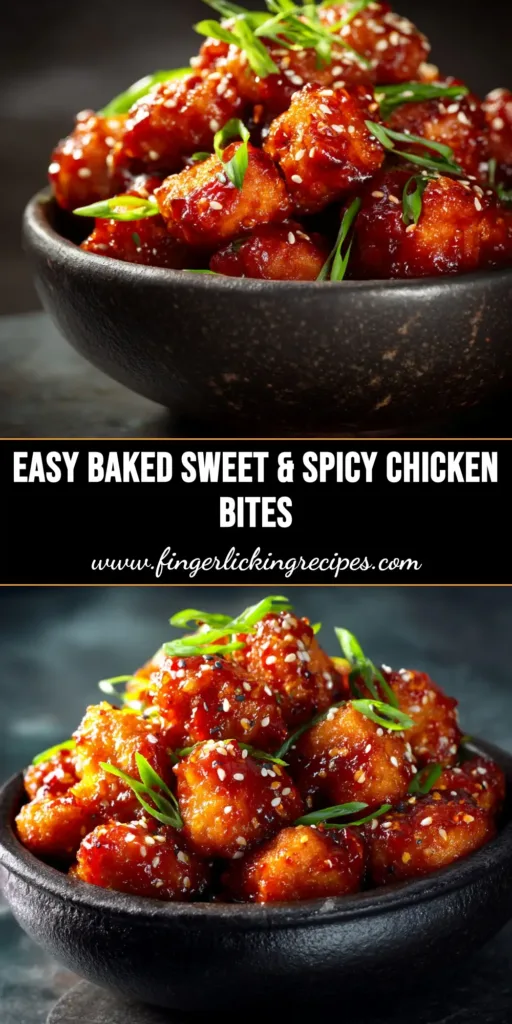 A close-up shot of crispy baked sweet chili chicken bites in a white bowl, garnished with sesame seeds and green onions, showcasing their sticky glaze.