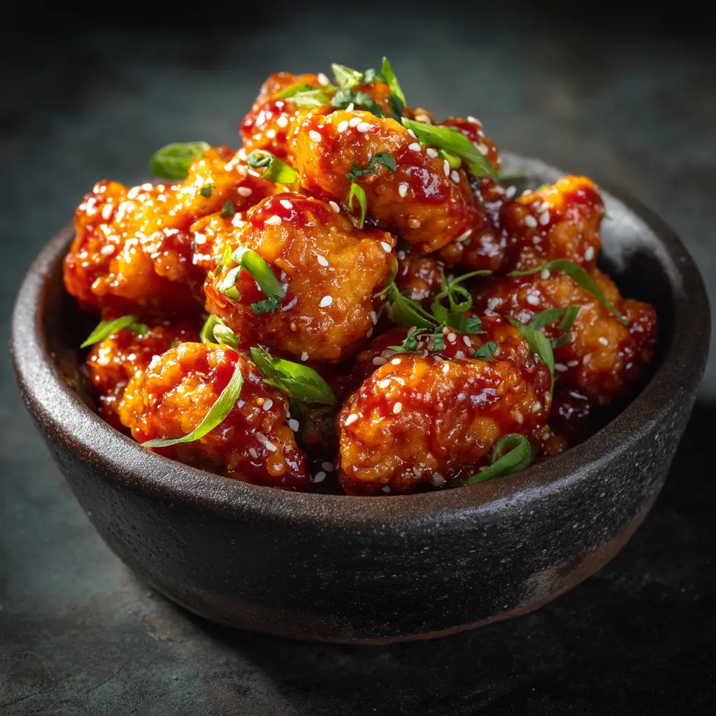 A large bowl showing crispy chicken bites being tossed in the homemade sweet chili glaze, with steam rising from the dish.