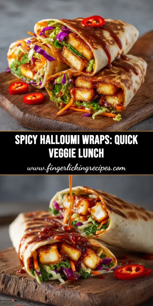A vibrant overhead shot of Sweet Chili Halloumi Wraps cut in half, showcasing the crispy halloumi, fresh lettuce, and colorful fillings. The perfect quick and easy recipe.