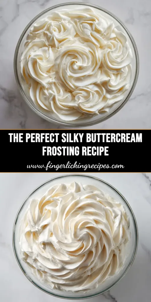 A close-up shot of silky, white Swiss Meringue Buttercream being swirled in a glass bowl with a spatula, showing its perfectly smooth texture. The background is a clean, bright kitchen setting.