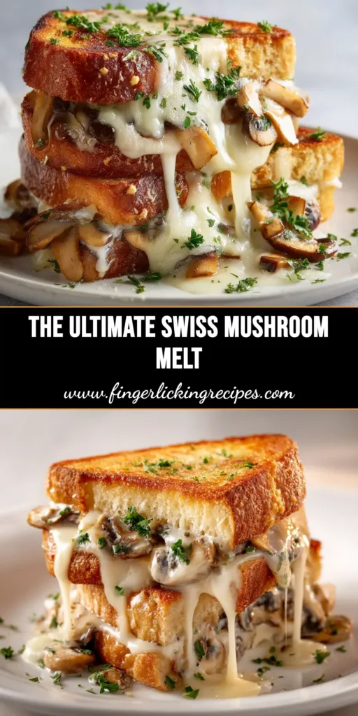 An overhead shot of a perfectly grilled Swiss Mushroom Melt sliced in half, revealing gooey melted cheese, savory mushrooms, and a juicy beef patty on toasted bread.