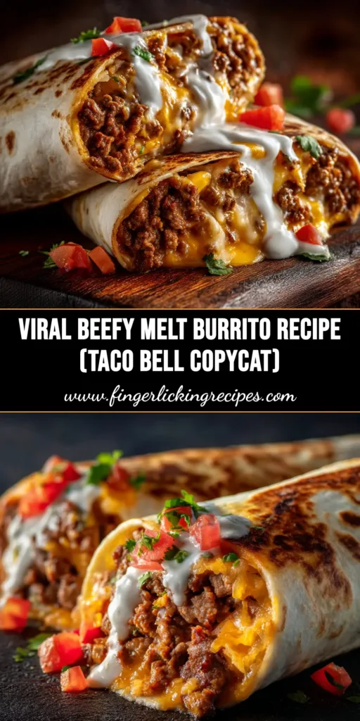 Taco Bell Beefy Melt Burrito (Easy Copycat Recipe) 4 A delicious homemade Taco Bell Beefy Melt Burrito cut in half to show the beef, rice, and cheese fillings, with another burrito next to it.