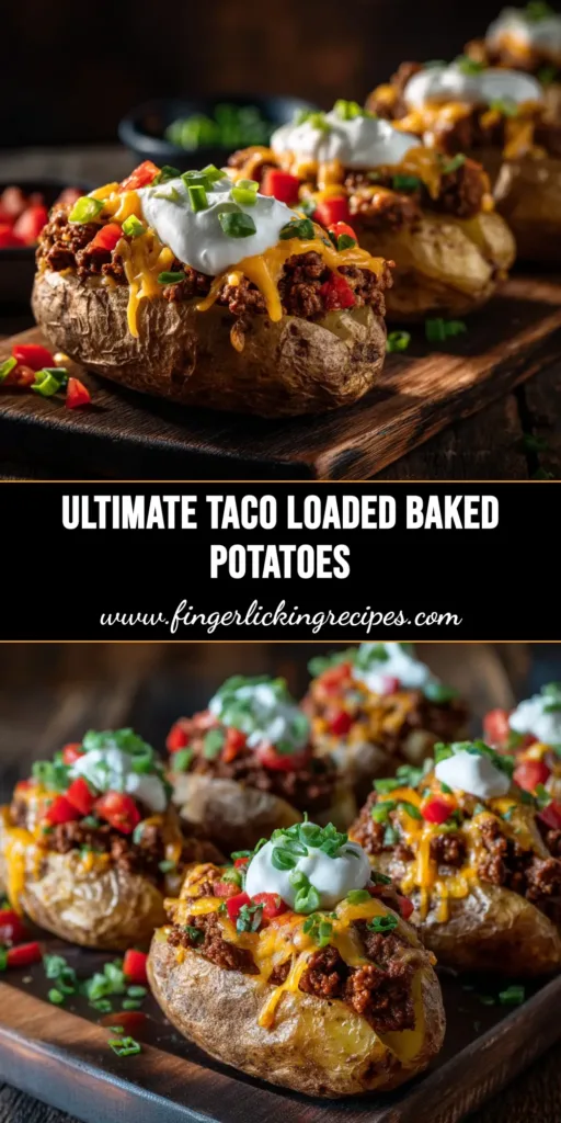 A delicious and easy recipe for Taco Loaded Baked Potatoes, piled high with seasoned ground beef, melted cheese, sour cream, and fresh cilantro.