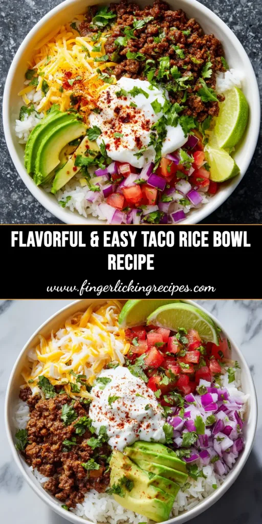 Taco Rice Bowl: Easy, Healthy & Flavorful! 4 A delicious and easy Taco Rice Bowl loaded with seasoned ground beef, cilantro lime rice, fresh tomatoes, lettuce, and cheese, perfect for a quick weeknight dinner.