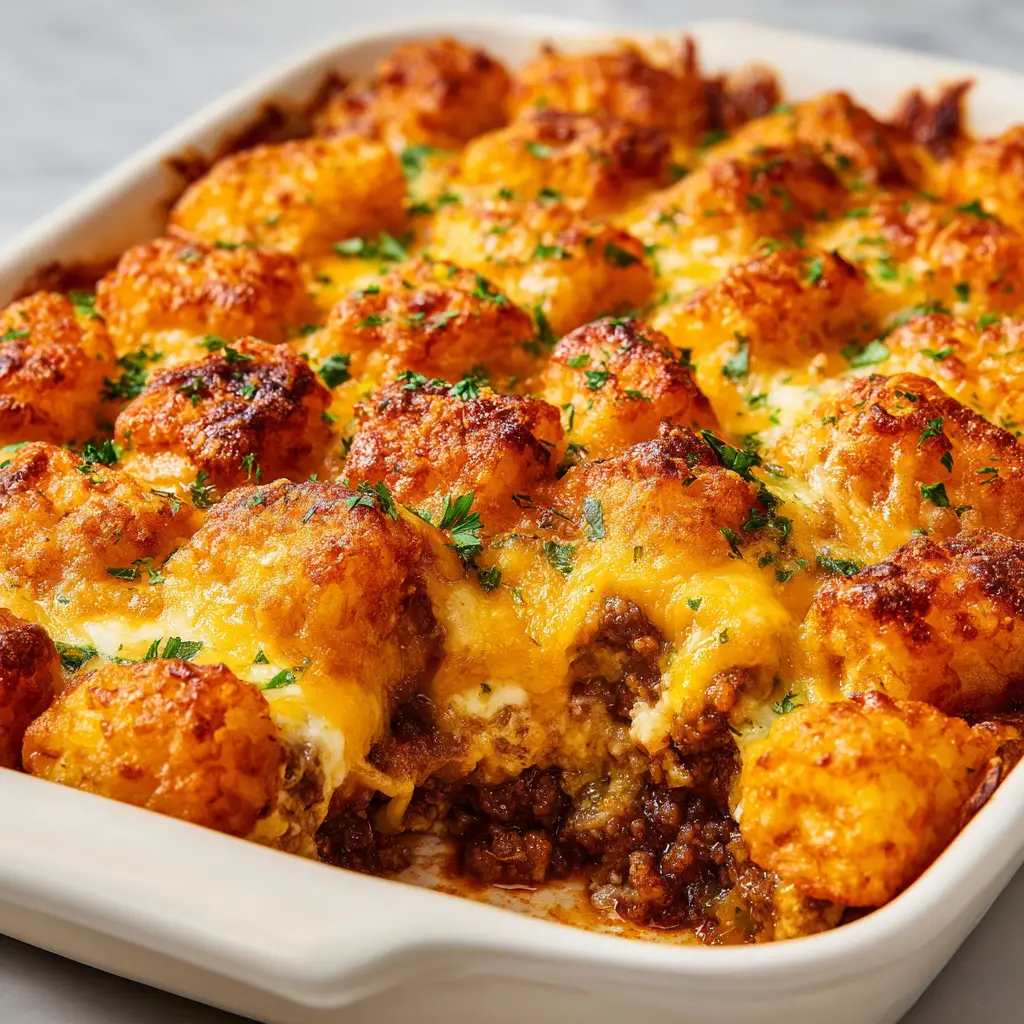 Tater Tot Casserole: The Ultimate Cheesy & Crispy Recipe 2 A spoonful of the ground beef filling for the tater tot casserole, showing the creamy sauce and savory meat mixture before baking.