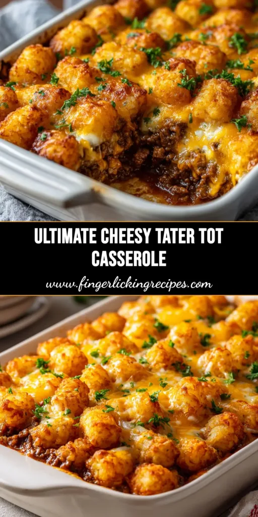 Tater Tot Casserole: The Ultimate Cheesy & Crispy Recipe 4 A delicious and cheesy Tater Tot Casserole in a white baking dish, with a slice being served onto a plate. The casserole has a golden-brown crispy tater tot topping.