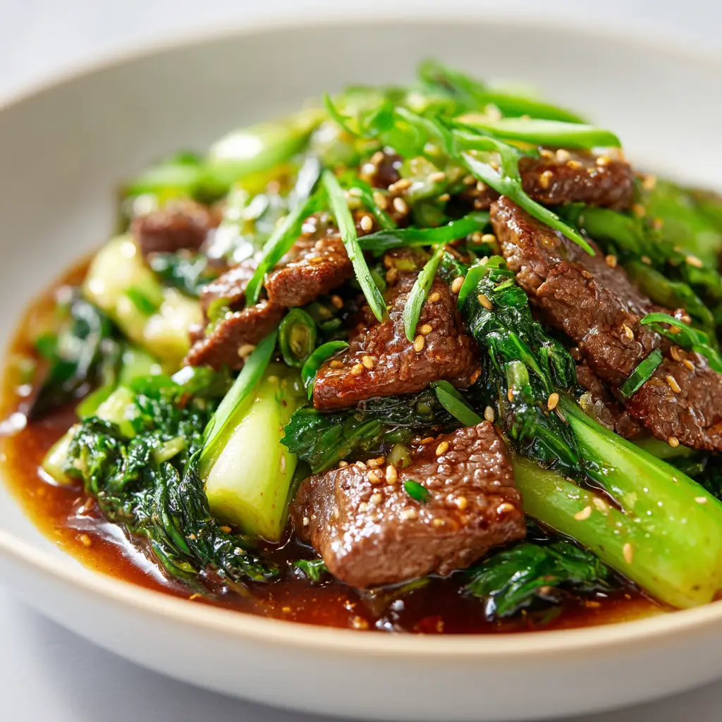 Beef and Bok Choy Stir Fry (Ready in 20 Minutes!) 3 An extreme close-up of the tender beef stir fry, showing the texture of the flank steak and the savory stir fry sauce.