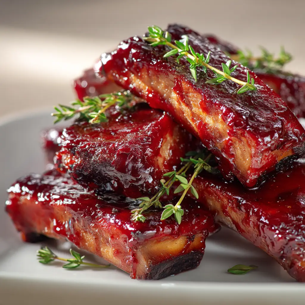 A plate of oven-baked country style ribs, showcasing their tender texture and glossy BBQ sauce glaze.