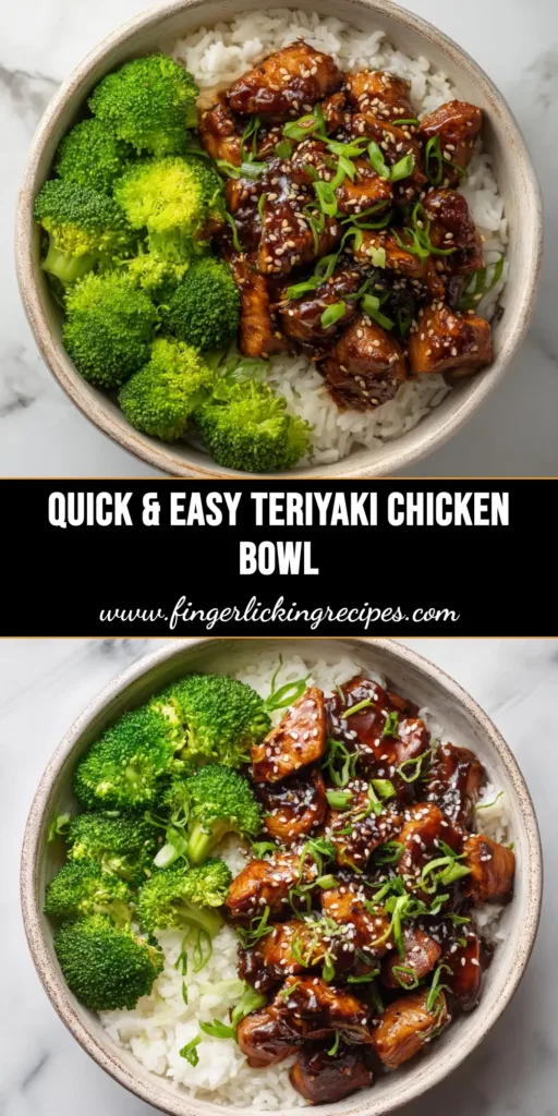 An overhead shot of a delicious homemade Teriyaki Chicken Bowl, packed with glazed chicken, broccoli, and carrots over rice. A quick and easy recipe perfect for weeknight dinners.