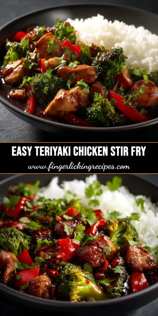 A top-down view of a delicious Teriyaki Chicken Stir Fry in a skillet, garnished with sesame seeds. The glossy sauce coats the chicken and crisp vegetables.