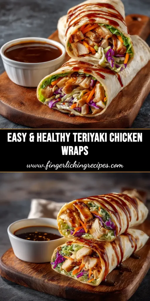 A delicious and easy Teriyaki Chicken Wrap cut in half to show the juicy chicken and fresh vegetables inside, with a glossy teriyaki sauce.