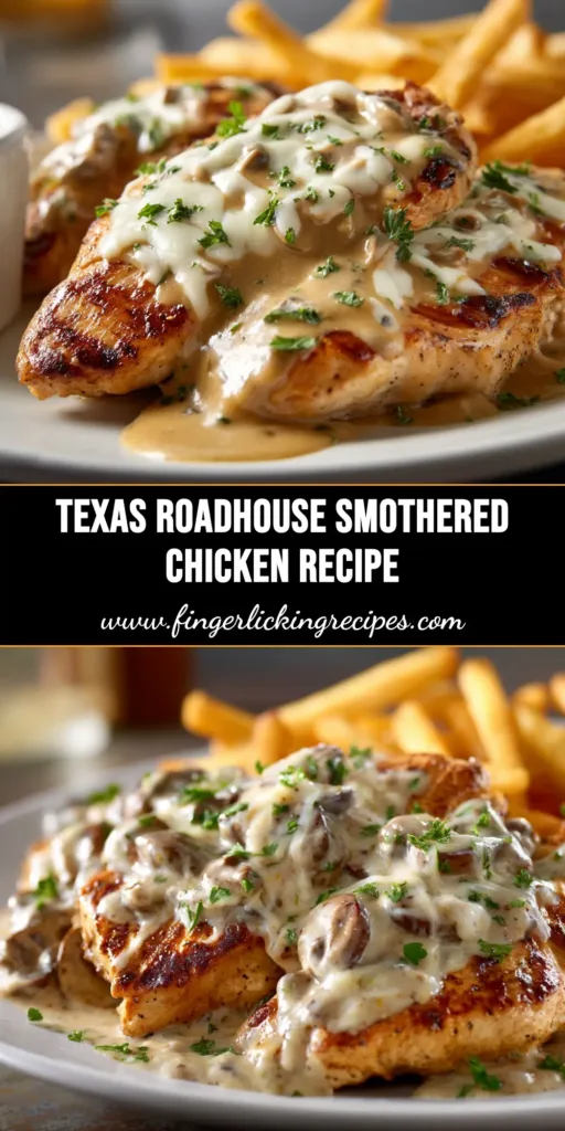 Texas Roadhouse Smothered Chicken (Easy Copycat Recipe) 4 A delicious platter of Texas Roadhouse Smothered Chicken, with juicy grilled chicken covered in melted cheese, sautéed mushrooms, and onions. The perfect copycat recipe.