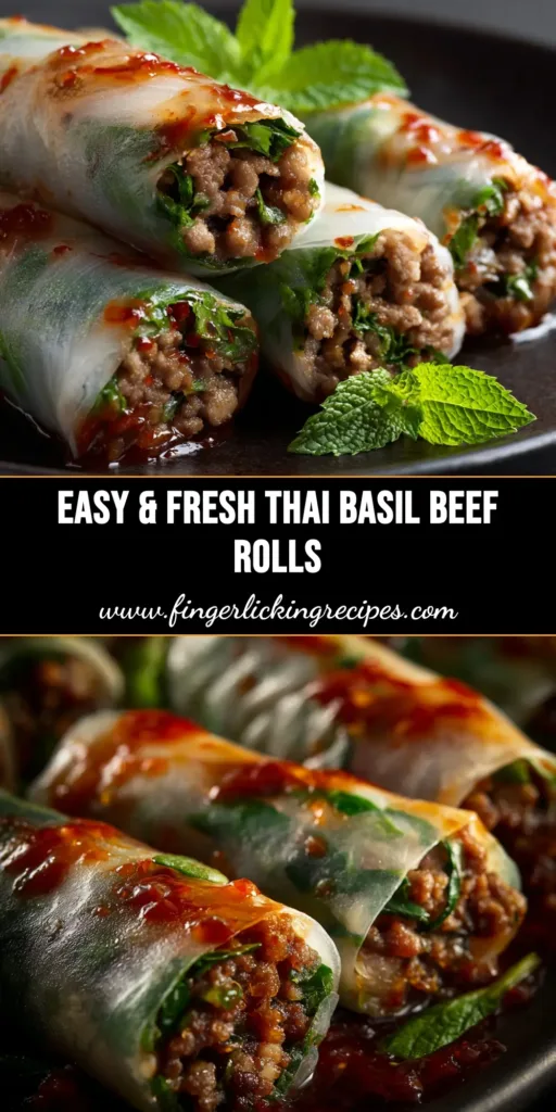 A platter of delicious Thai Basil Beef Rolls, sliced in half to show the savory beef and fresh vegetable filling, with a side of creamy peanut dipping sauce.