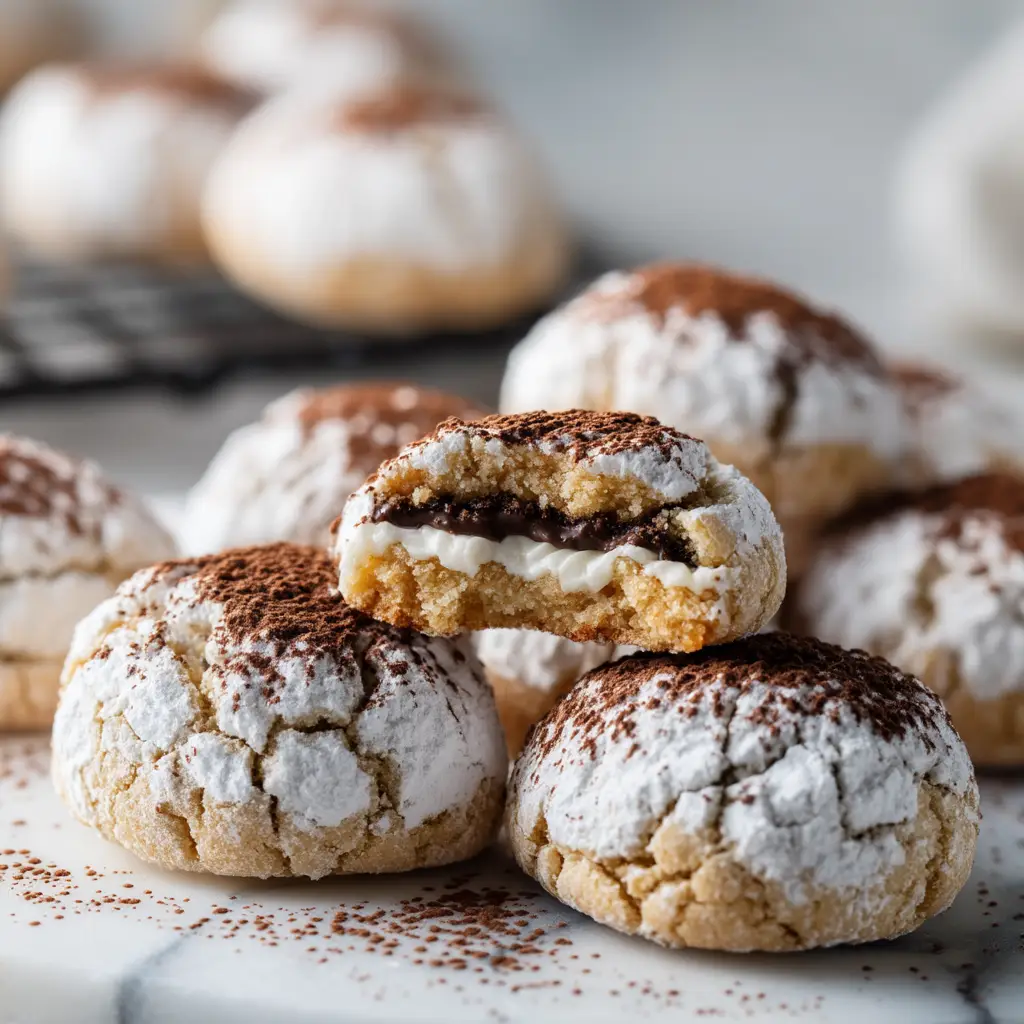 A Tiramisu Crinkle Cookie broken in half to show the creamy mascarpone filling and soft, fudgy interior.