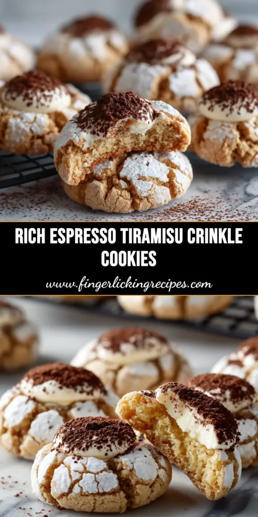 A stack of Tiramisu Crinkle Cookies with creamy mascarpone filling, dusted with cocoa powder. The perfect easy coffee cookie recipe.