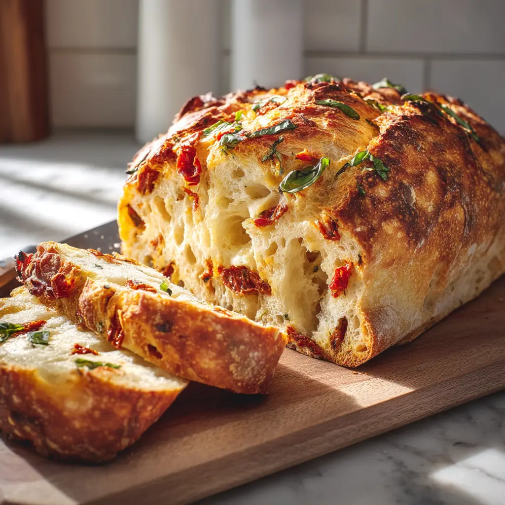Tomato Basil Bread: A Rustic No-Fail Recipe 2 A close-up slice of tomato basil bread, showing the soft crumb filled with pieces of sun-dried tomato and fresh basil.
