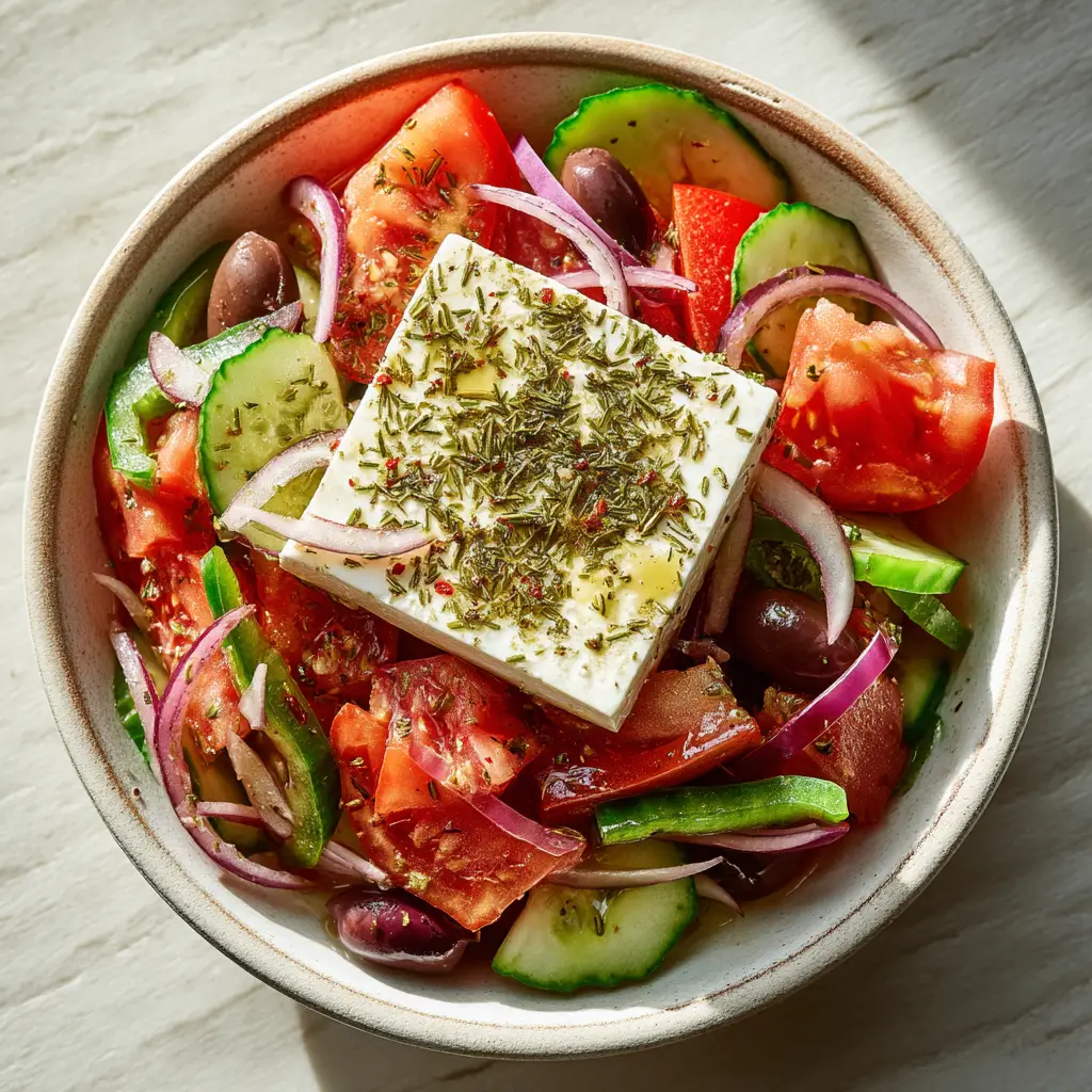A beautiful traditional Greek salad, perfectly dressed and topped with a block of feta cheese and a sprinkle of oregano.