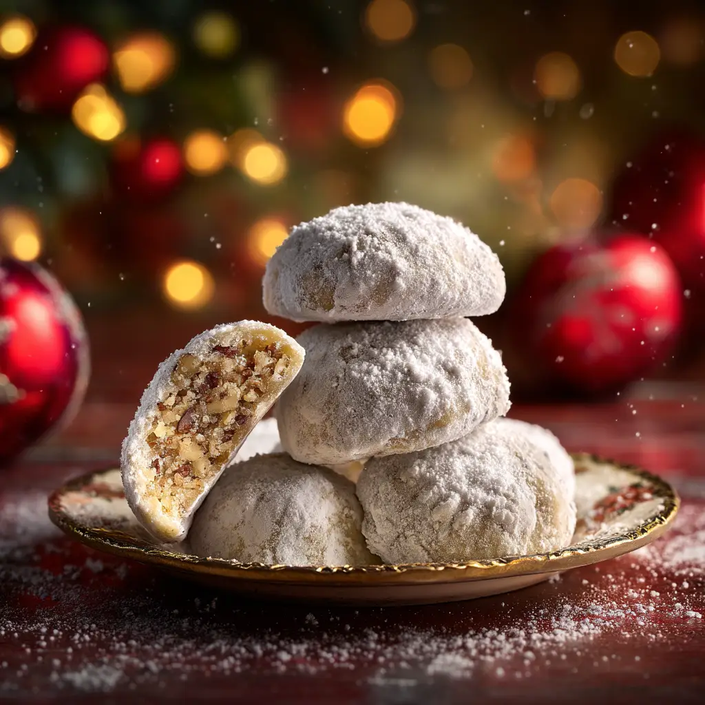 A stack of powdered sugar-coated pecan cookies, also known as Polvorones.